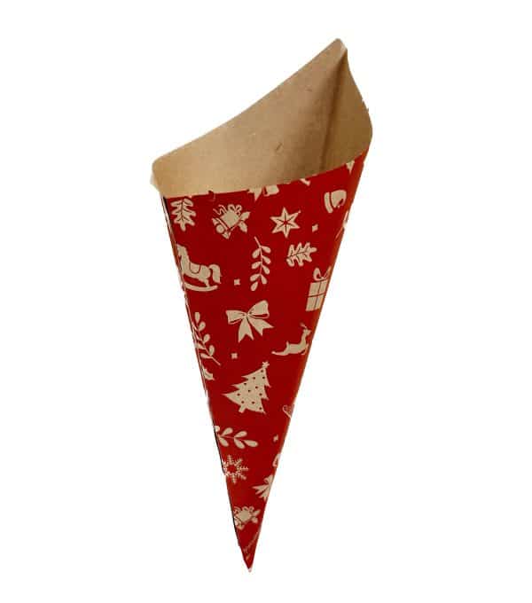 Spitztüte Papier mit rotem Weihnachtsmotiv auf braunem, fettabweisendem Papier – ideal für festliche Snacks und Geschenke.