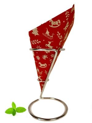 Spitztüte Papier mit rotem Weihnachtsmotiv auf braunem, fettabweisendem Papier – ideal für festliche Snacks und Geschenke.