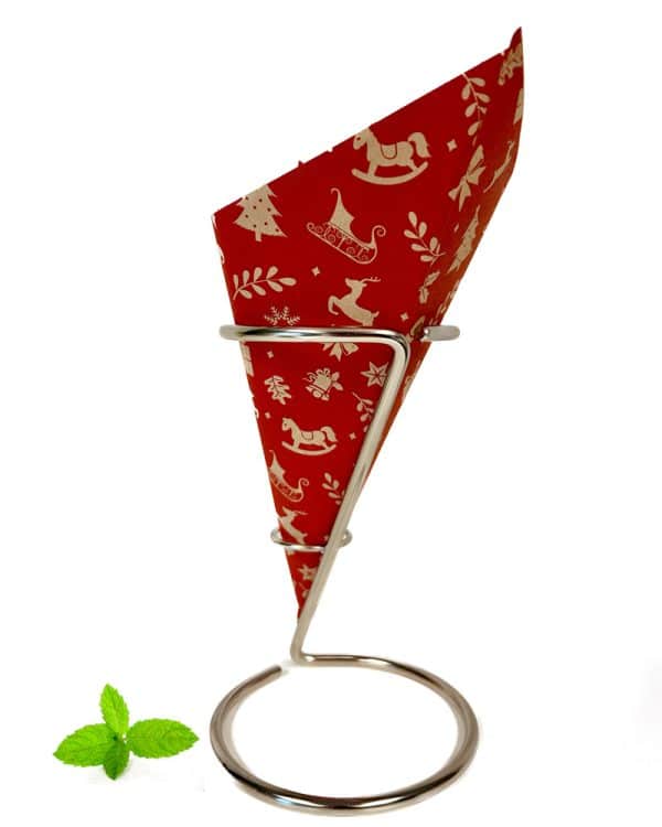 Spitztüte Papier mit rotem Weihnachtsmotiv auf braunem, fettabweisendem Papier – ideal für festliche Snacks und Geschenke.