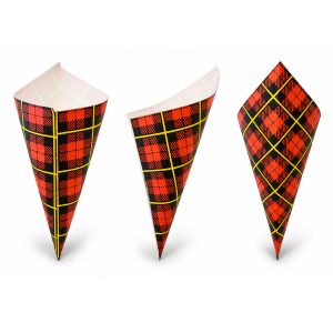 Drei Spitztüten Schottenkaro Rot mit klassischem rot-schwarzem Karomuster und gelben Streifen – ideal für Weihnachtsmärkte, gebrannte Mandeln und andere Leckereien.