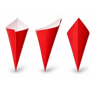Drei klassische rote Spitztüten mit weißer Innenseite – ideal für Weihnachtsmärkte, gebrannte Mandeln, heiße Maronen und andere weihnachtliche Leckereien.